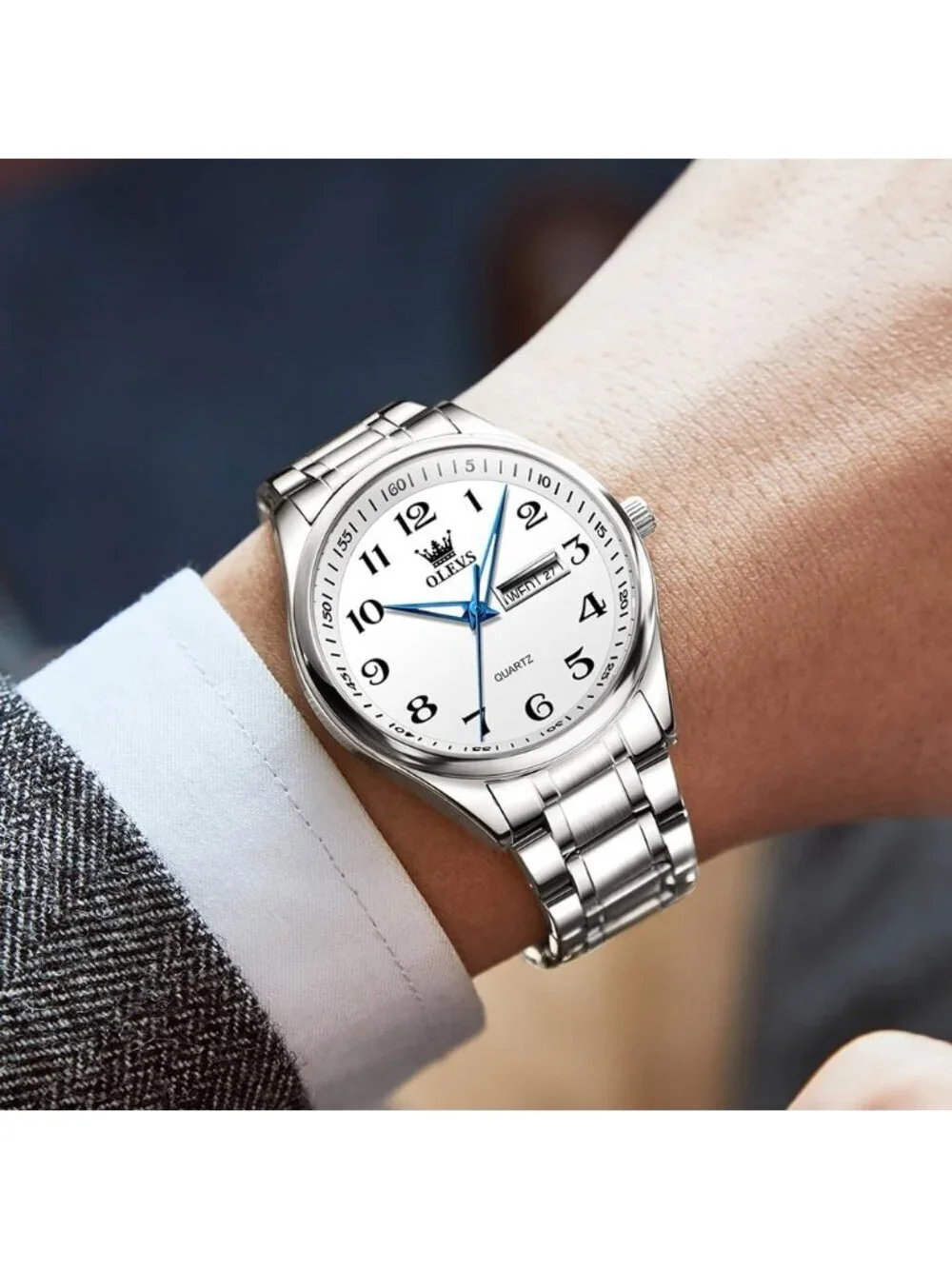 Men's Silver White Stainless Steel Analog Quartz Classic Waterproof Round Watch